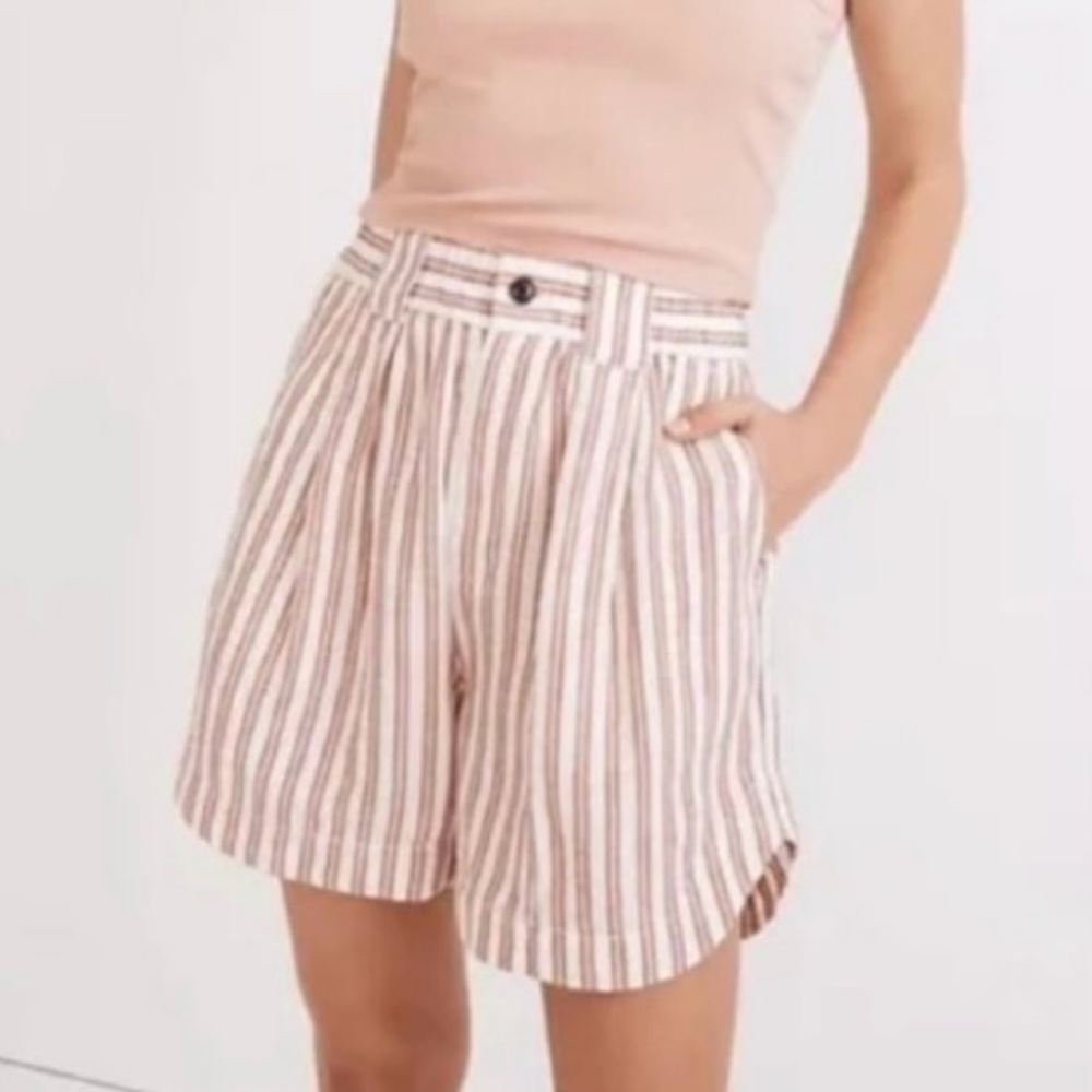 NEW Madewell Linen-Blend Curved-Hem Shorts In Stripe XS